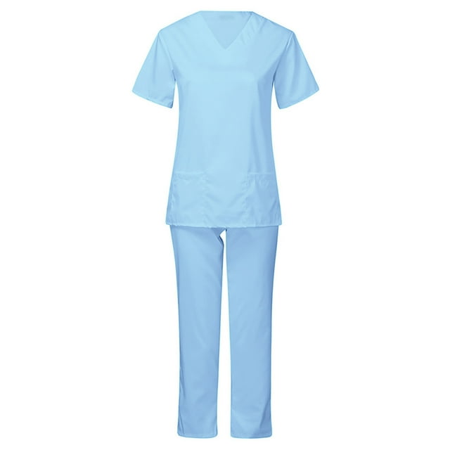UPPADA Scrubs for Women Set,Stretch Slim Fit V-Neck Scrub Top & Drawstring Jogger Pant Nursing Uniforms Scrubs Sets Breathable Medical Workwear Set Light Blue,M