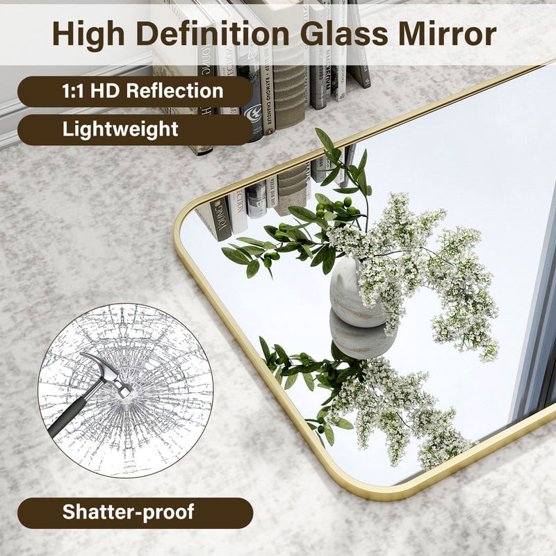 Easy4Home 48"x30" Rectangular Bathroom Mirror Hanging Rounded Corners Vanity Mirror Wall Mounted, Gold
