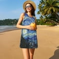 thumbnail image 2 of Horeoi The Starry Night Print Women's Sleeveless Dress Cotton-like Flared Hem Deep Side Pockets Above-Knee, 2 of 6