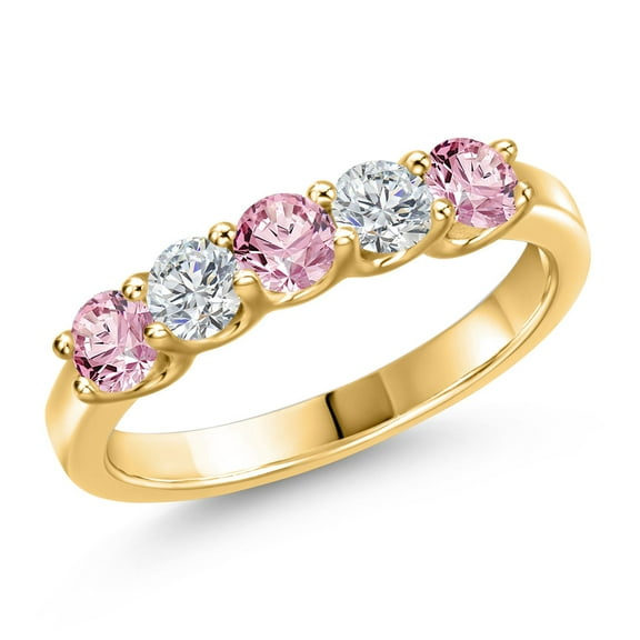 Gem Stone King 18K Yellow Gold Plated Silver Pink and White Lab Grown Diamond Wedding-Bands Ring for Women | 0.88 Cttw | Round 3.5MM | Gemstone April Birthstone | Size 6