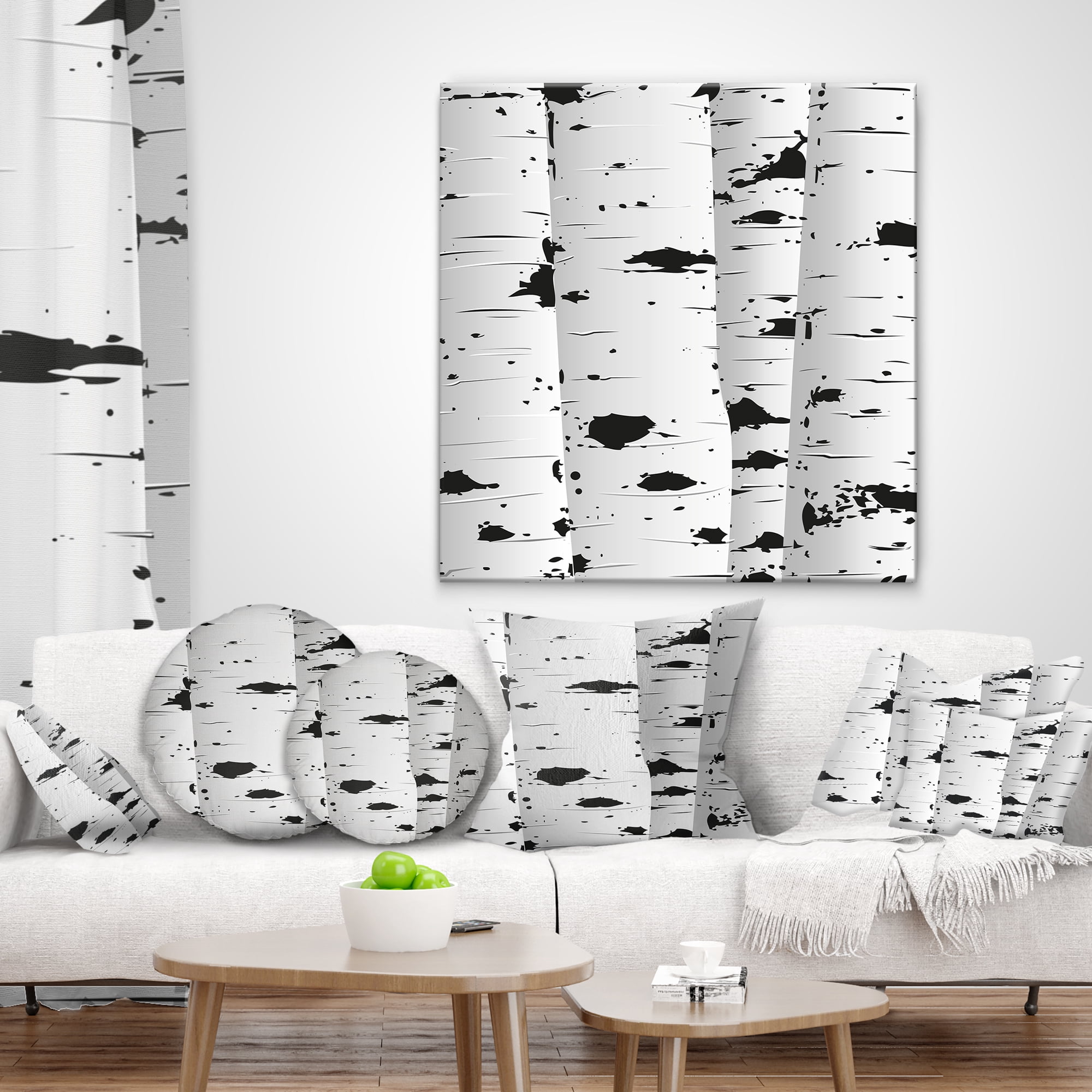 Designart Birch Tree Black and White Texture - Modern Landscape Printed Throw Pillow - 18x18