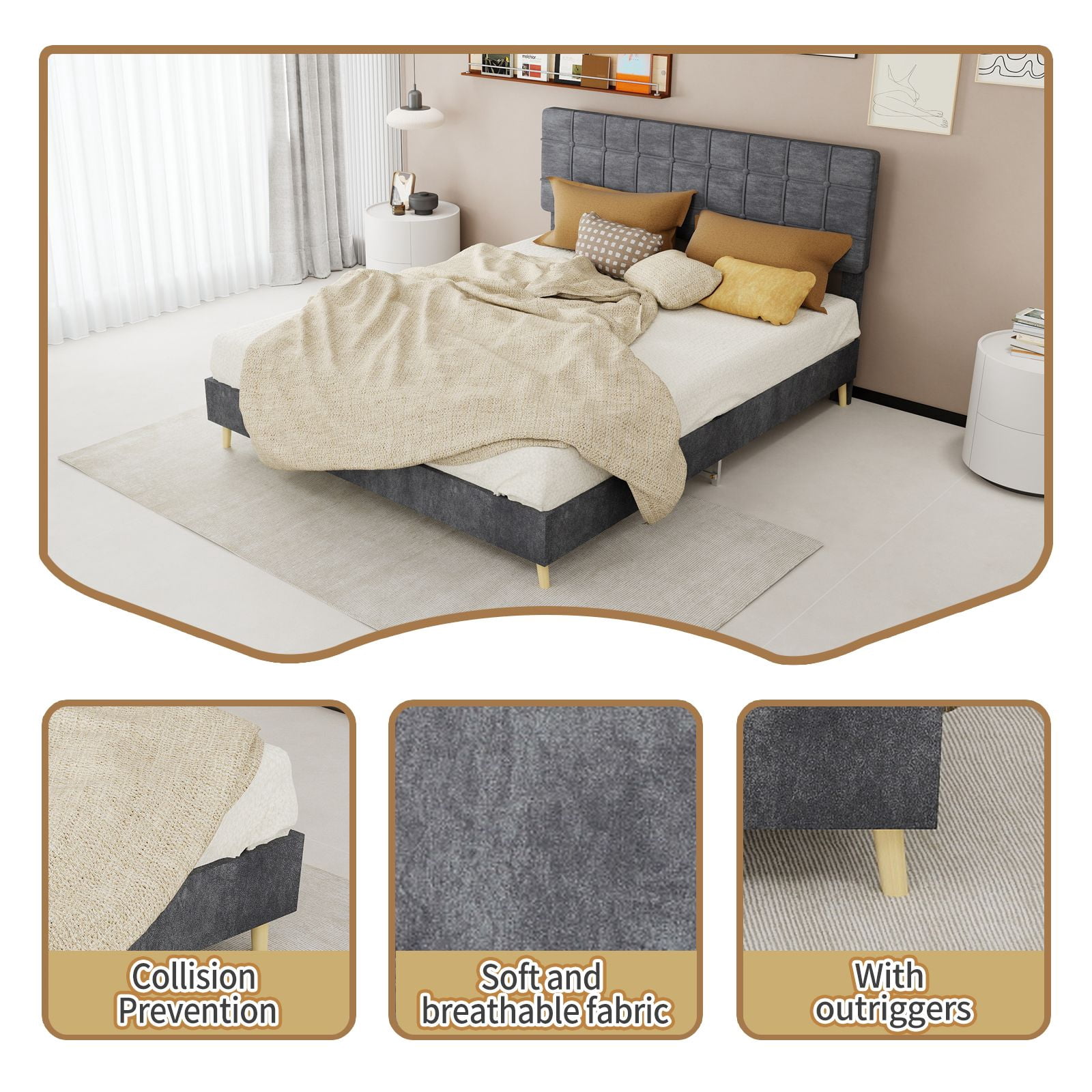 Alvantor Queen Size Upholstered Bed Frame with Padded Headboard Gray