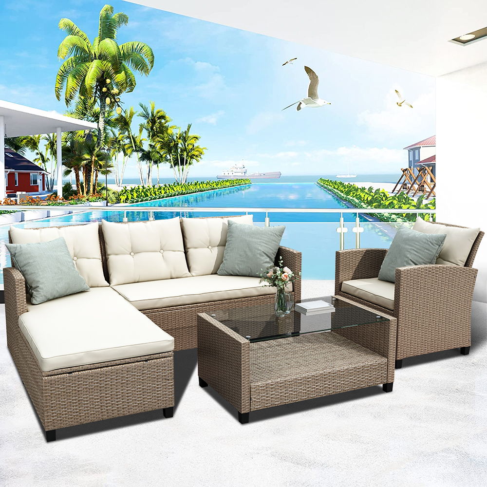 4 Piece Outdoor Patio Sofa Set, SEGMART Wicker Outdoor Furniture Set w/ Coffee Table, Patio Conversation Set w/ Cushions and Sofa Chair, Outdoor Sectional Couch for Lawn Garden Poolside, Beige, H270 - image 1 of 9