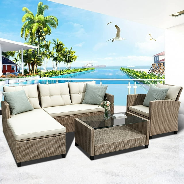 4 Piece Outdoor Patio Sofa Set, SEGMART Wicker Outdoor Furniture Set w/ Coffee Table, Patio Conversation Set w/ Cushions and Sofa Chair, Outdoor Sectional Couch for Lawn Garden Poolside, Beige, H270