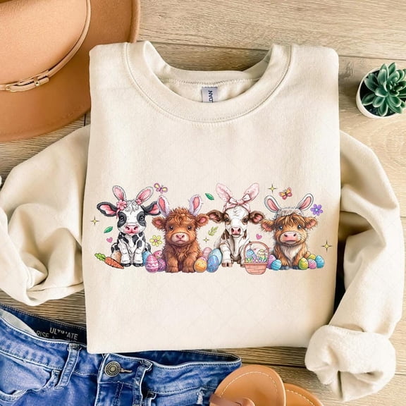 Happy Cow Easter Sweatshirt, Boho Glitter Easter Shirt, Retro Coquette Bunny Sweatshirt, Floral Spring Girl Easter Shirt, Pink Easter Crewneck