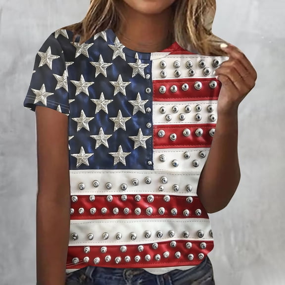 Vekome Fourth of July Womens Shirts Short Sleeve Plus Size American Flag Pullover Tops Crewneck Holiday Red White Blue Tee Shirts Patriotic Outfits