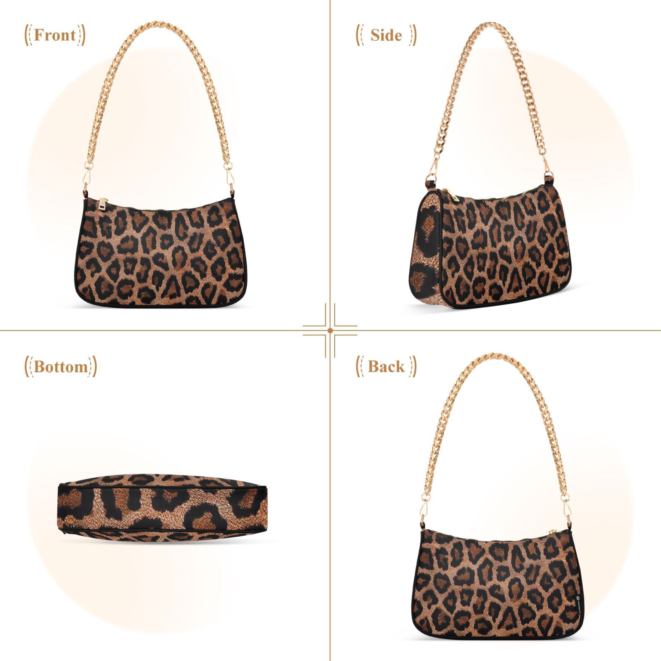 Leopards Print Womens Chain Shoulder Bag Tote Handbag Clutch Hobo Purse with Zipper for Travel Casual