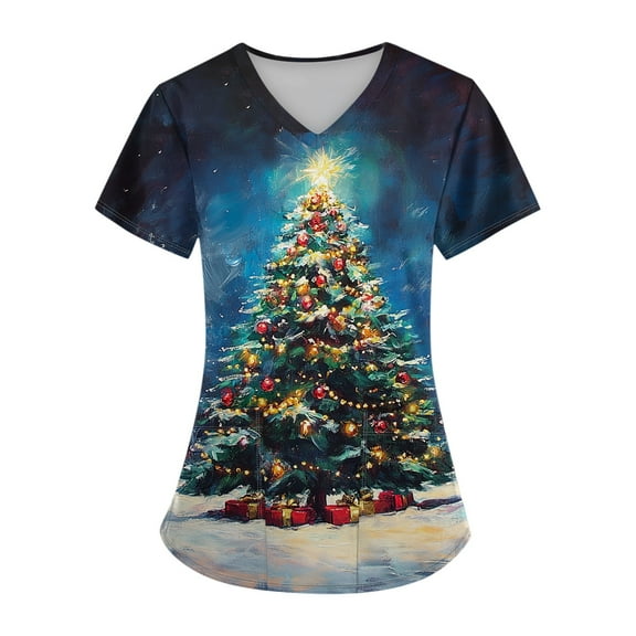 Garbnen Holiday Scrubs for Women Funny Xmas Printed V Neck Short Sleeve Fall Top Scrubs for Women Nursing Tops with Pocket S-5XL
