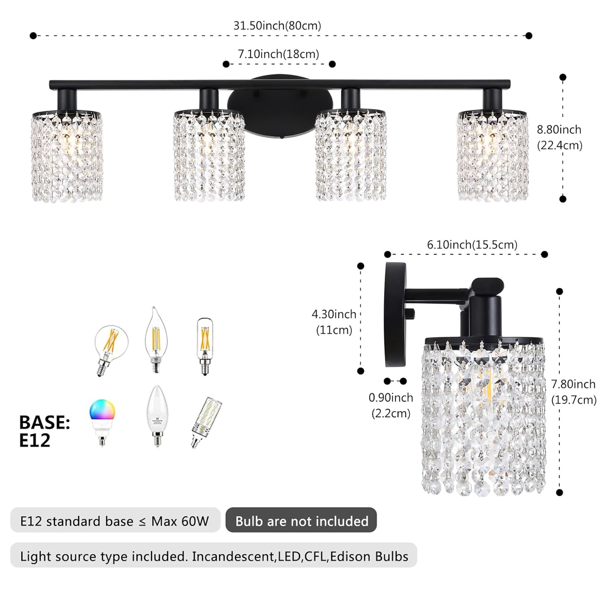 Vanity Light for Bathroom, 4-Light Black Crystal Vanity Fixture, Modern Wall Sconce over Mirror, 1-Pack