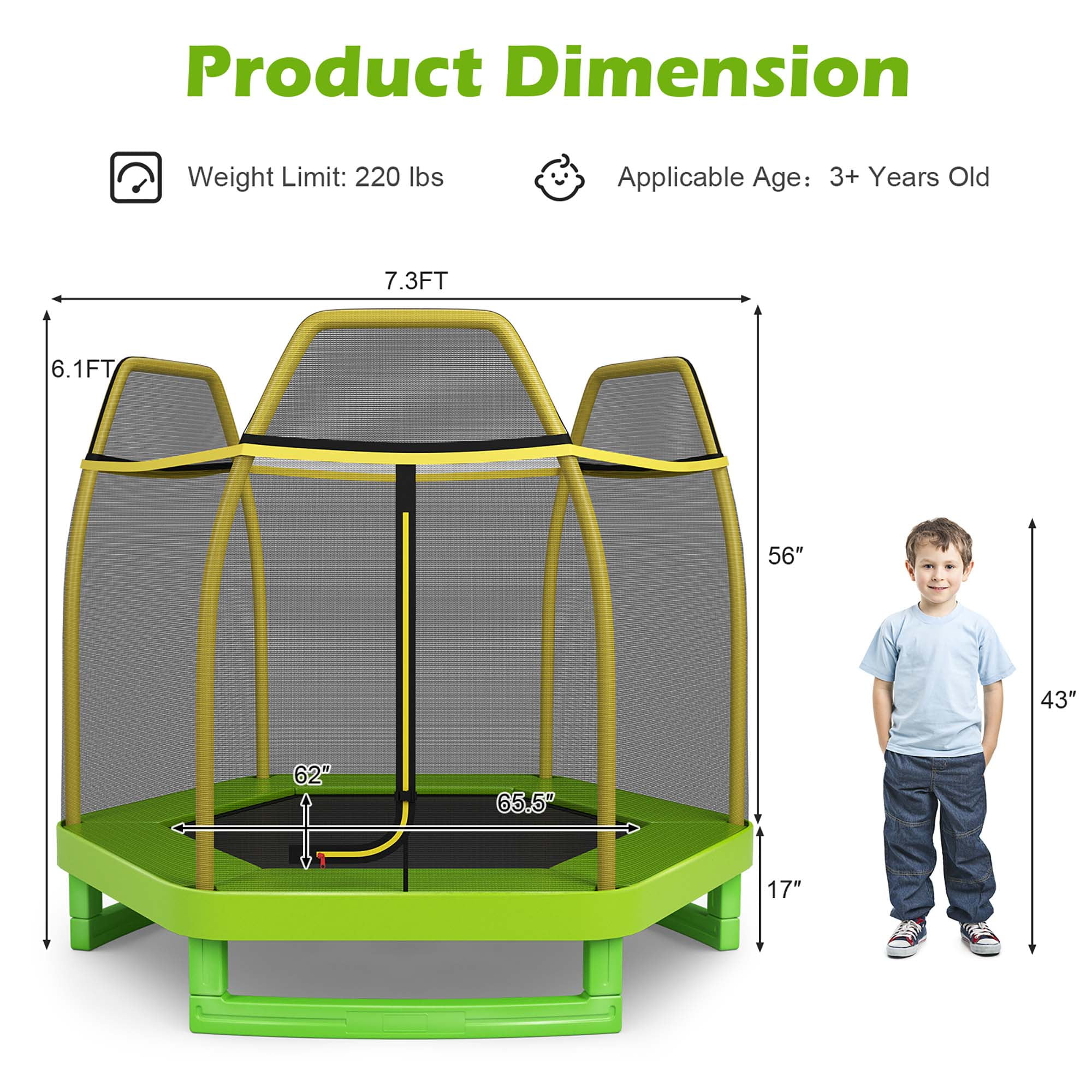 Costway 7 FT Kids Trampoline with Safety Enclosure Net Spring Pad Indoor Outdoor Heavy Duty Yellow