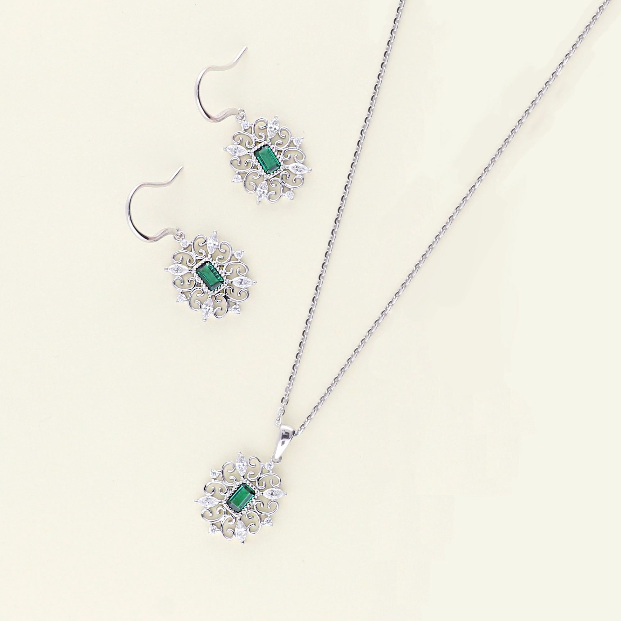 BERRICLE Sterling Silver Vintage Inspired Art Deco Green Cubic Zirconia CZ Filigree Fish Hook Dangle Drop Earrings for Women, Rhodium Plated