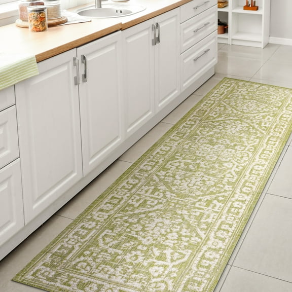 JONATHAN Y SANTA MONICA 2 x 8 Runner Rug, Malta Bohemian Medallion Textured Weave - Green/Cream, SMB104D-28