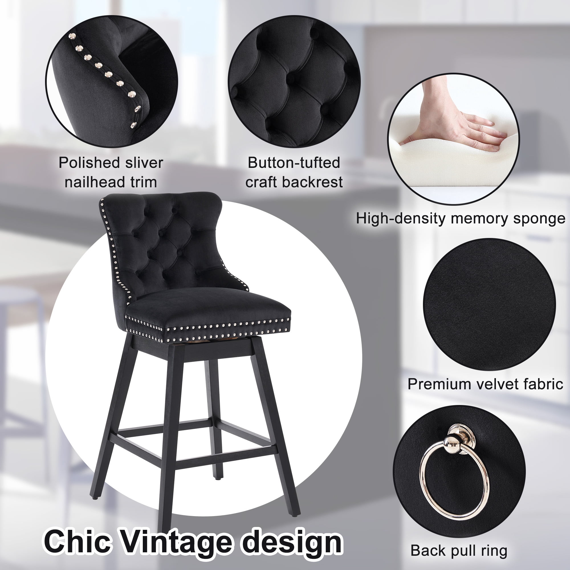 TEWLOSS 30" Swivel Bar Stools Set of 2, Black Velvet Bar Height Chairs with Back for Home Pub