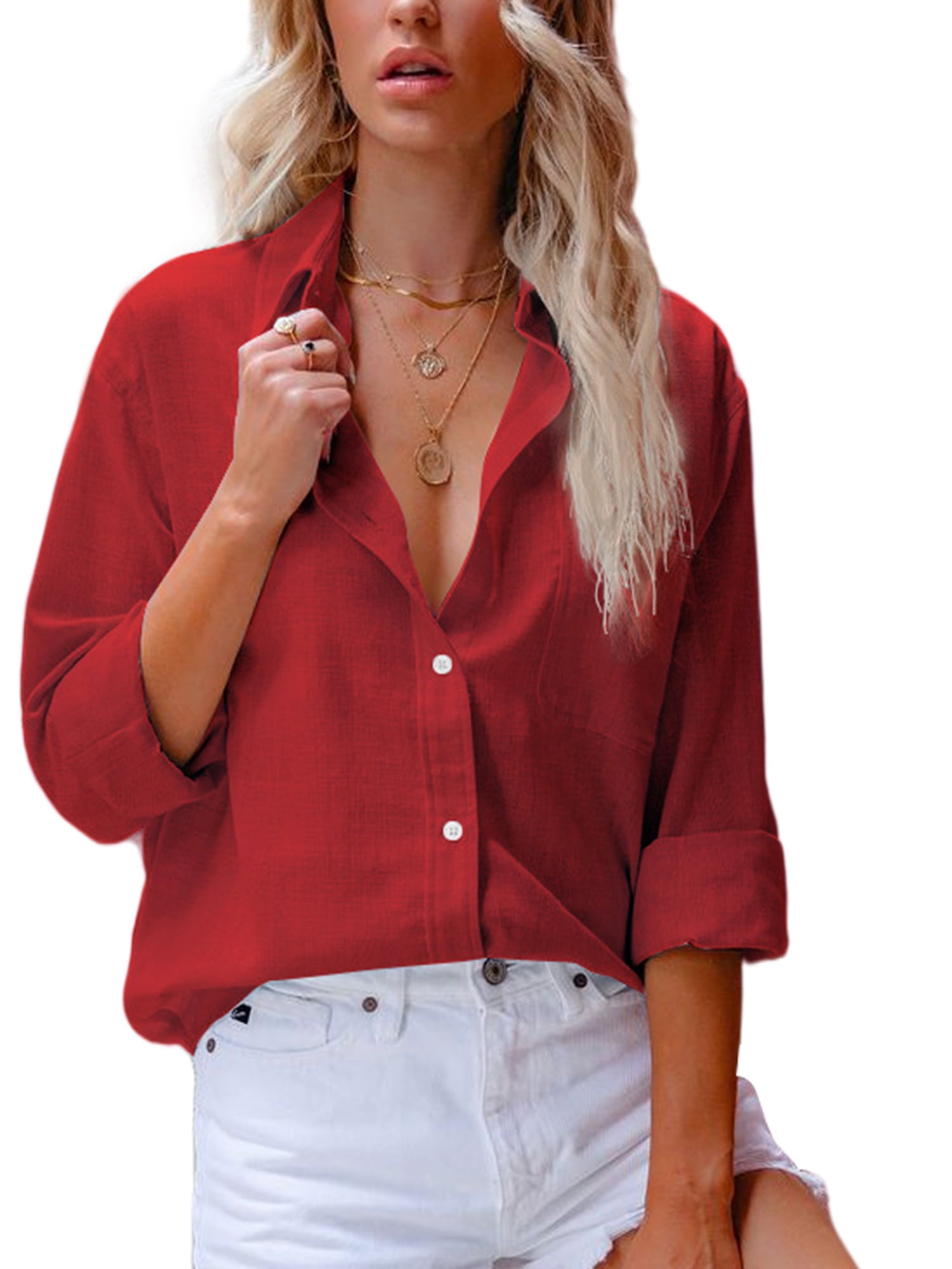Women Button Long Sleeve Tunic Tops Lapel V-Neck Shirt Dress Cotton Linen Blouse Casual Loose Irregular Hem Top 