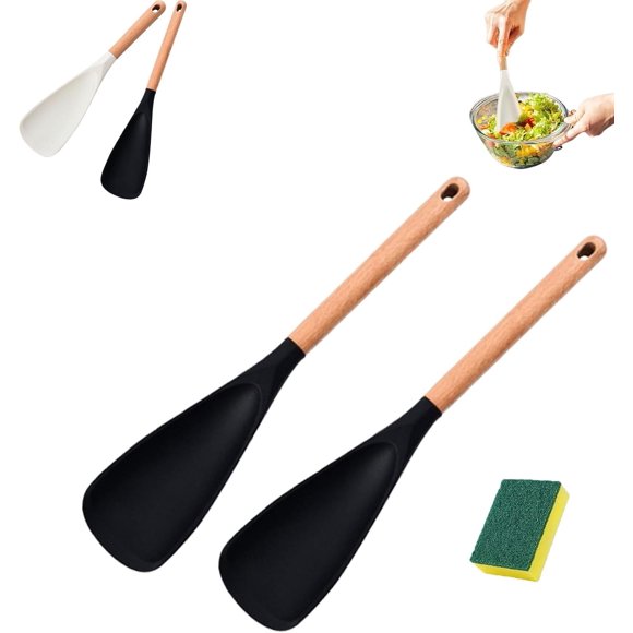 Pickelect Spatule à Cuillère Multifonction, Cuillère à Salade en Silicone Mat 2-en-1 avec Tête en Bois pour Cuisiner Ustensiles Résistants à la Chaleur (Noir*2, 13.38 Pouces)