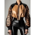 thumbnail image 2 of Women Two Tone Leopard Print Faux Leather Cropped Bomber Jacket Raglan Long Sleeve Zip Up Outerwear, 2 of 3