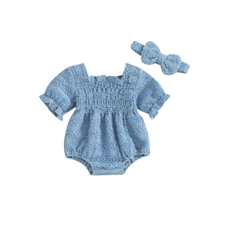 

Wilcliar Baby Girls 2Pcs Romper Outfits Solid Color Ruched Short Sleeve Romper with Headband