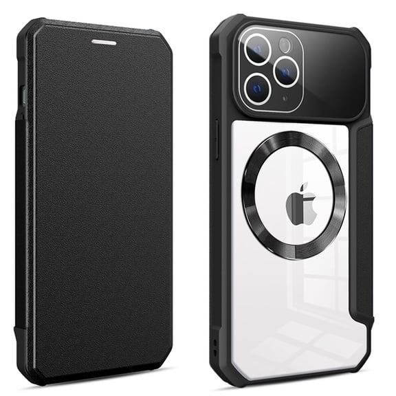 Flip Wallet Case for iPhone 12 Pro Max (6.7 inch),Compatible with Magsafe,Hidden Magnetic Closure Folio Credit Card Slot Shockproof PU Leather Kickstand Transparent Back Phone Case,Black