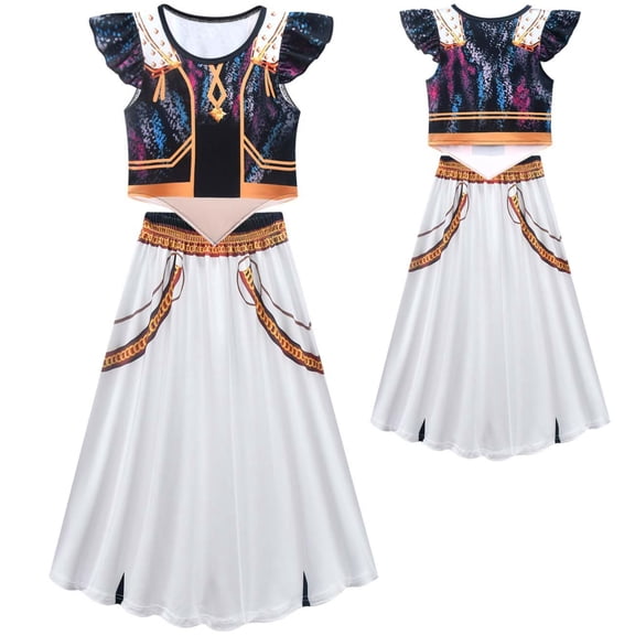Halloween Costumes Pop Star Idol Cosplay Set of 2, Printed Ruffle Sleeve Top and Skirt Outfit, Dress-Up Apparel for Anime Singer Stage Performance