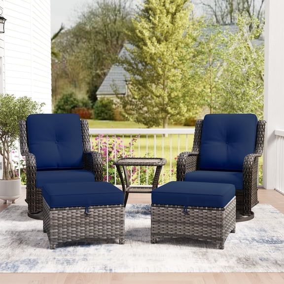 MeetLeisure 5 Piece Wicker Patio Furniture Set, 2 Swivel Rocker Chairs with 2 Ottomans and 1 Side Table, High Back, Deep Seating, Wide Armrest, Thick Cushions for Deck Porch, Dark Blue