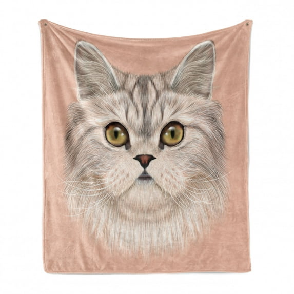Cat Soft Flannel Fleece Throw Blanket, Kitty Portrait Whiskers Best Pet Animal I Love My Feline Themed Artwork, Cozy Plush for Indoor and Outdoor Use, 60" x 80", Beige Cream Peach, by Ambesonne