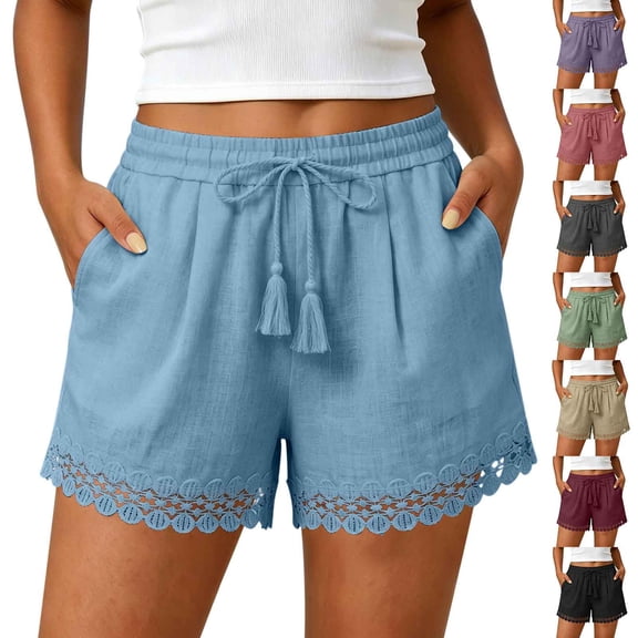Aboser Womens Crochet Shorts Cotton Linen Beach Shorts Drawstring Elastic Waist Shorts Summer Casual Lounge Shorts Lightweight Loose Fits Shorts with Pockets