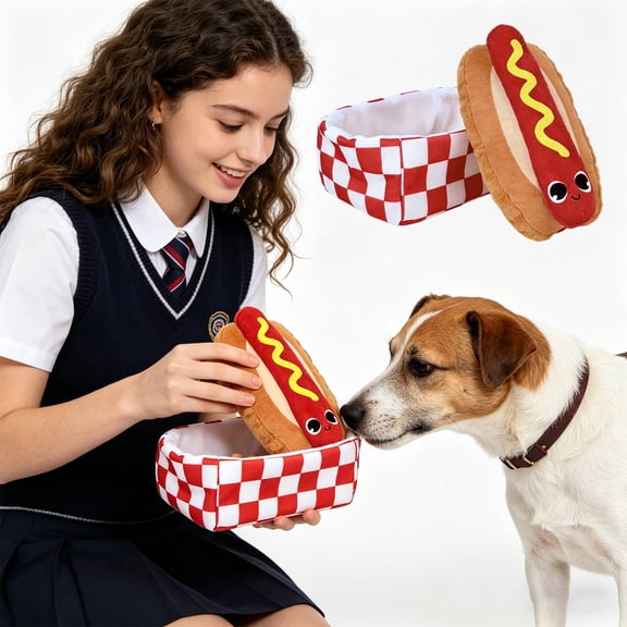 Hot Dog Plush Squeaky Hide-and-Seek Dog Toy, Checkered Box Snuffle Mat with Crinkle Paper, Puppy Teething Toy for Boredom Relief(Red)