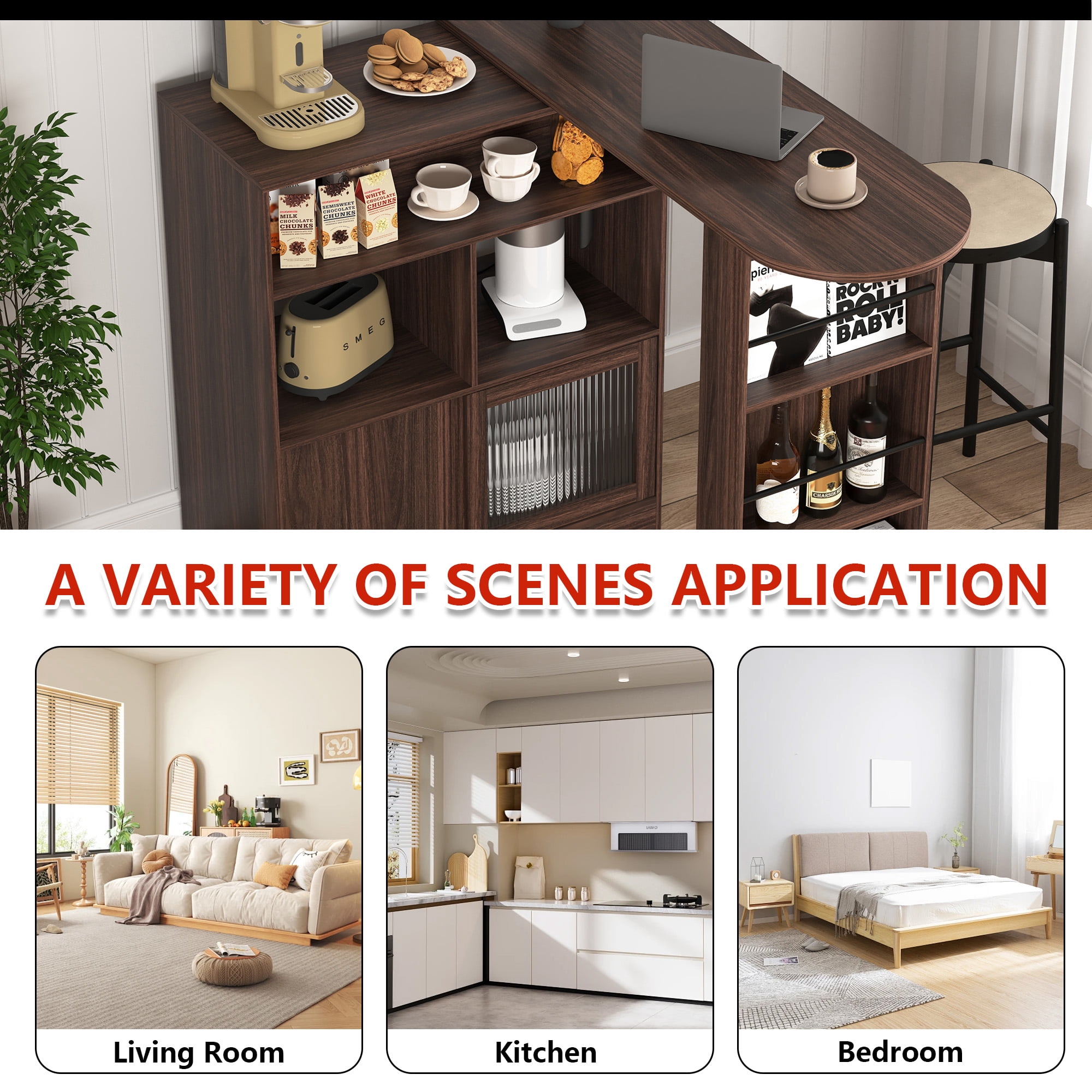 MOONMISS Walnut 3 Storage Shelves Rotating Top Modern Bar Cabinet with 6 Storage space and 2 Ribbed Glass Door