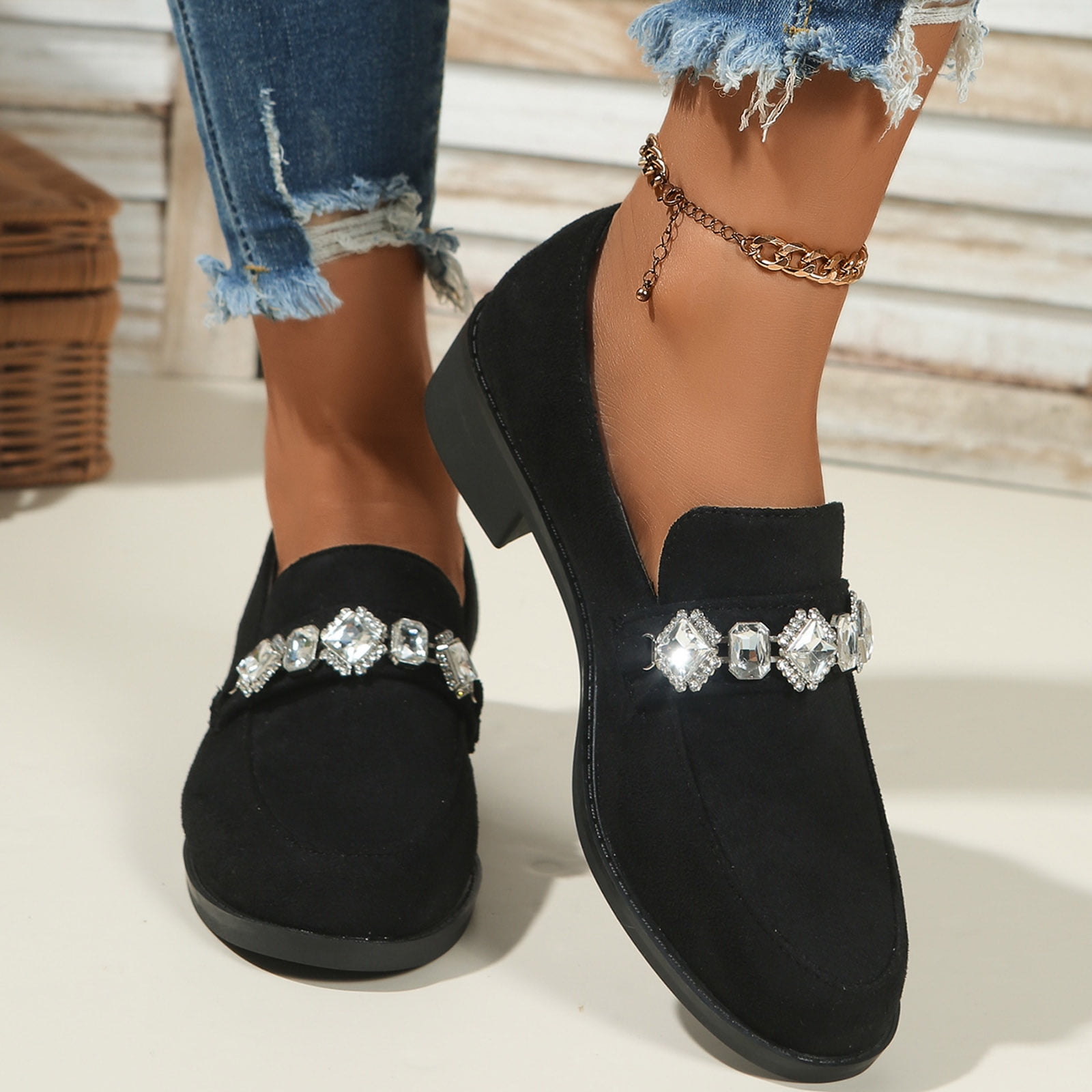 Suede Loafers for Women Comfortable Slip On Glitter Rhinestone Dress Shoes Block Low Heel Non Slip Fall Shoes Black Size 9
