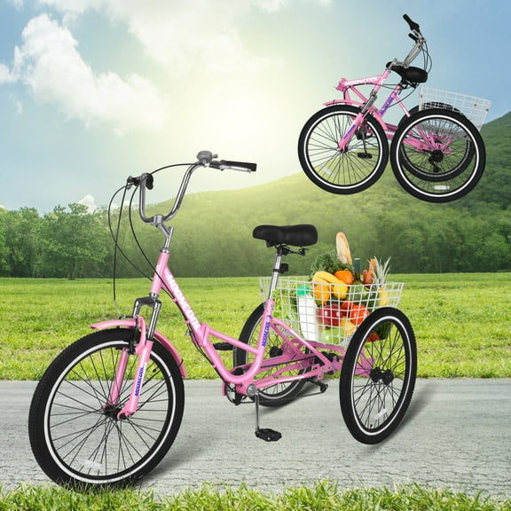 FICISOG 24-Inch Foldable Adult Tricycle for Women, 7 Speed Adult Folding Trikes with Rear Basket, Carbon Steel 3 Wheel Cruiser Trikes with Double-Wall Wheel Rims for Women Men Seniors