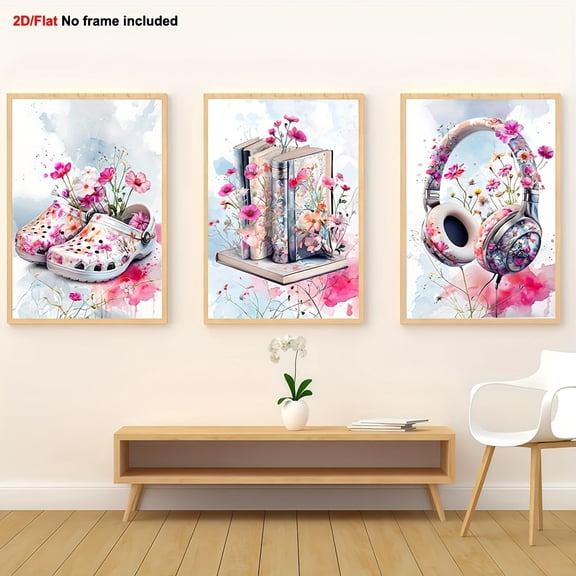 3pcs Girls' Bohemian Watercolor Wall Art Set - Pastel Pink & Soft Blue Floral Paintings with Headphones, Books & Sneakers Decor, Frameless Canvas Panels for Teen Girls' Bedroom,, Dorm Room - Easy Pe