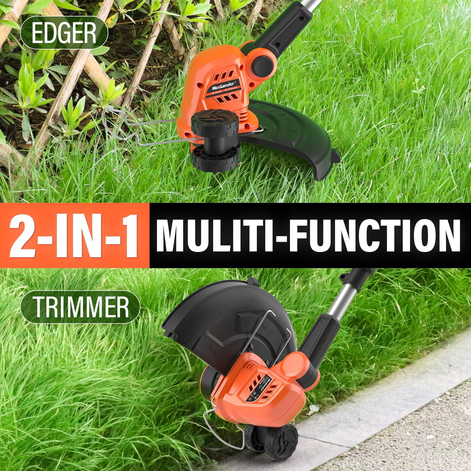 MAXLANDER Weed Wacker Cordless, 20V 12 Inch Cordless String Trimmer Edger, Weed Wacker Battery Operated with 8 PCS Replacement Spools, Lightweight Weed Trimmer (2x2.0Ah Battery and Charger Included)