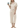 thumbnail image 6 of Juosiy Women Simpe Fashion Ice Silk Satin Sleepwear Solid Color Smooth Lapel Short Sleeve Capri Pajamas Home Suit, 6 of 7
