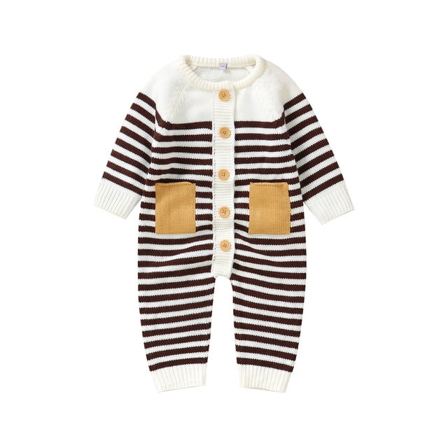 Gupgi Baby Stripe Sweater Romper Fall One Piece Outfit Crew Neck Long Sleeve Button Down Pocket Knit Jumpsuit