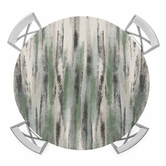 Elastic Fitted Round Tablecloth, Sage Green Vintage Waterproof Stretch Table Cover for 36"-44" Tables, Stripes Painting Retro Abstract Art Washable Outdoor Tablecloths for Patio, Picnic, Camping