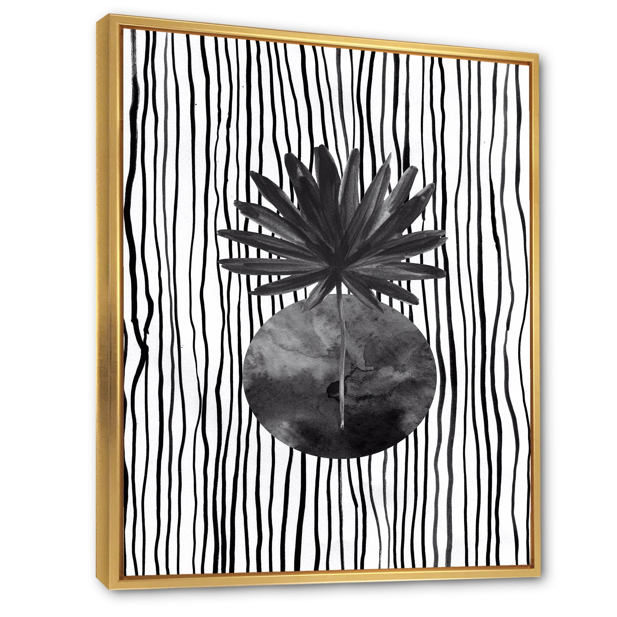 Designart 'Black and White Striped Under Tropical Leaf I' Modern Framed Canvas Wall Art Print