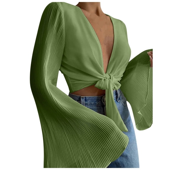 Outfmvch Crop Tops for Women Solid Bell Sleeve Pleated Chiffon Shirt Strap Cardigan Top Womens Tops Womens Long Sleeve Tops