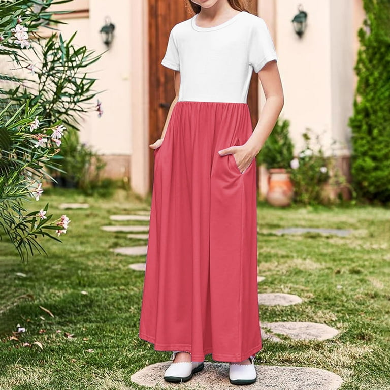 Isvgxsz New Party Dresses for Girls New Style Solid A-Line Long Dress Short  Sleeve Crew Neck with Pocket Skin-Friendly Girls Casual Dresses 7-8  Years140 Watermelon Red - Walmart.com
