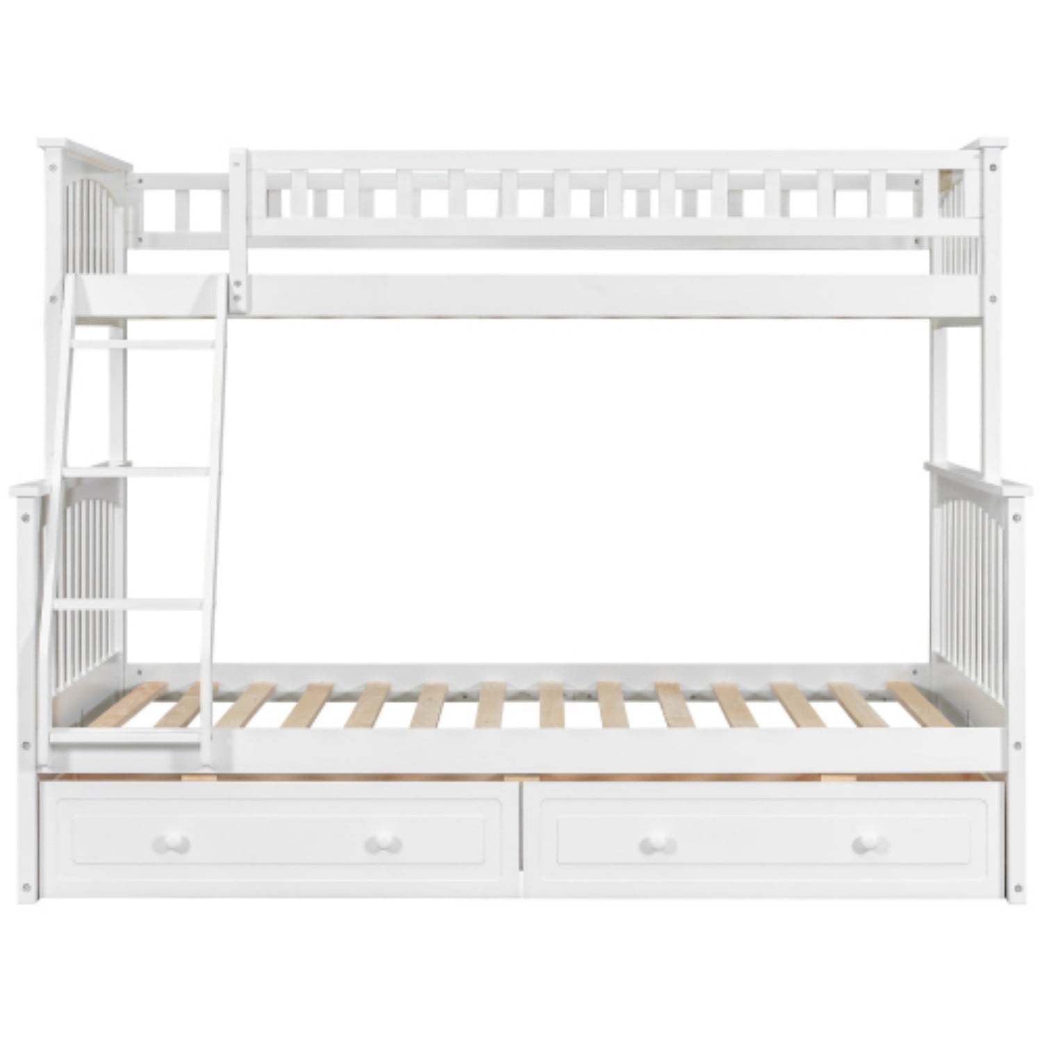 Twin Over Full Bunk Bed with Storage Drawers, Convertible Wood Bunk Bed Frame with Safety Guardrails, Solid Pine Wood Kids Bed for Bedroom, White