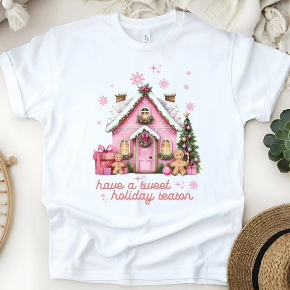 Have A Sweet Holiday Season T-Shirt | Pink Gingerbread House Graphic Tee for Women Kids, White, Size S