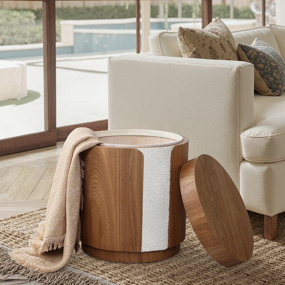 LuxenHome 18.6" Round End Table with Storage, Wood Storage Side Table with Lid, Accent Table for Living Room, Bedroom