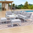 thumbnail image 1 of Metal-Framed Outdoor Sectional Sofa with Coffee Table, Modern Industrial Patio Sofa Set with 2 Loveseat,1 Single Chair,1 Table and 2 Bench, Upholstered Sofa Couch for Garden Pool, White, 1 of 7