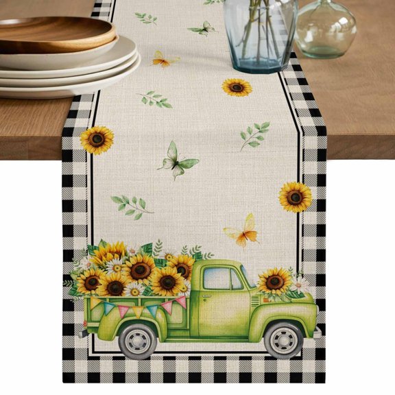 Table Runner 48 Inches Long for Kitchen Dining, Sunflowers Dresser Scarf Farmhouse, Dining Table Decorations for Wedding/Parties, Spring Farmhouse Vintage Truck Leaf Black Plaid 13 x 48 In