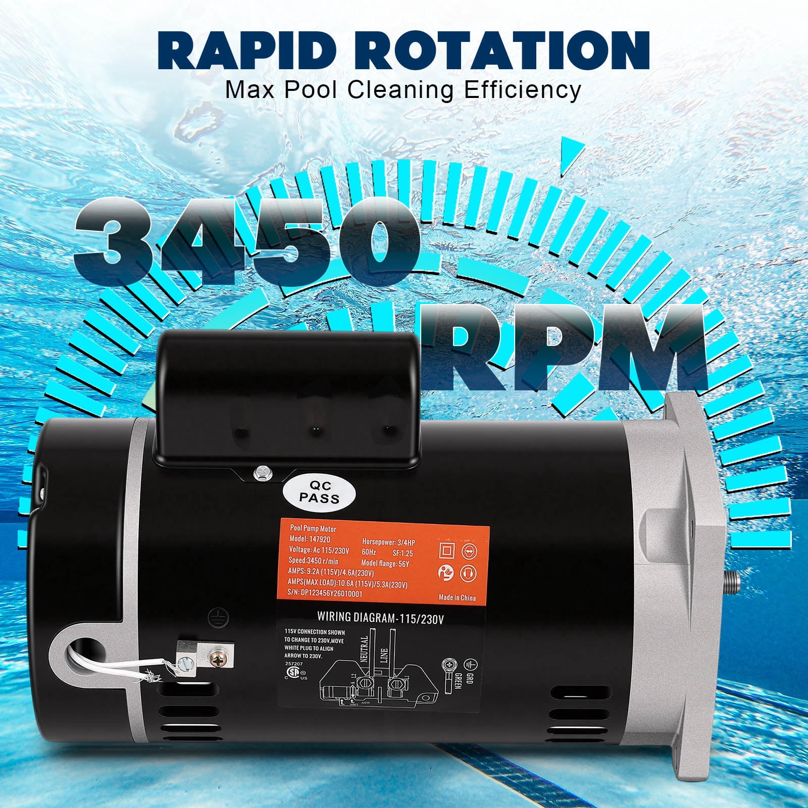 B2852 Pool Pump Motor - Swimming Pool Pump Motor, 3450 RPM, 3/4 HP, 115/230V, 56Y Frame, 303 Stainless Steel Shaft, Replacement Motor for Outdoor/Indoor Swimming Pool