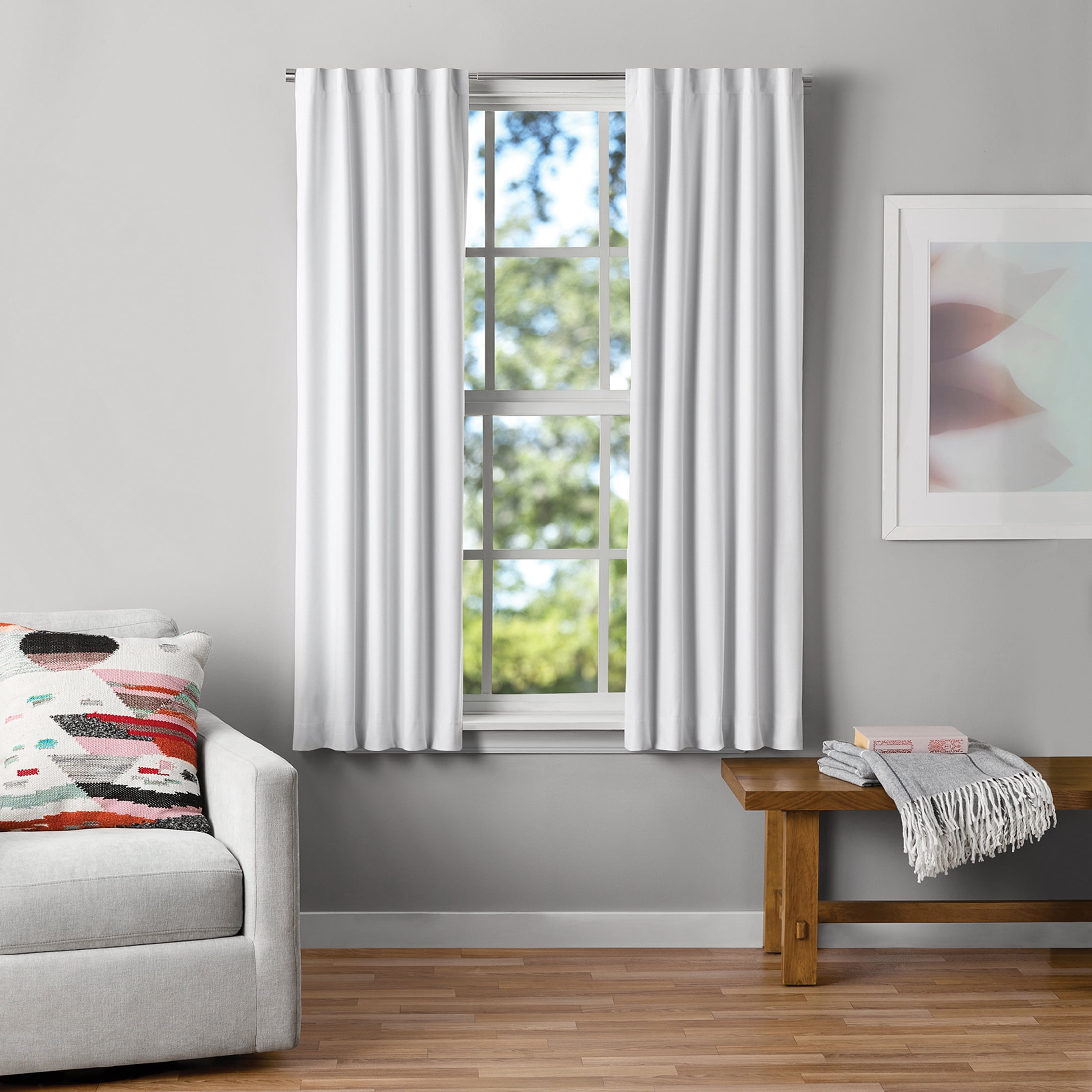 Mainstays White Solid Blackout Rod Pocket with Back Tabs Curtain Panel Pair, Set of 2, 30" W x 63" L