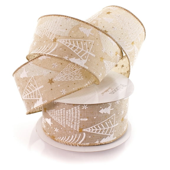 2 1/2" Wired Ribbon Boho Scandi White Christmas Trees 25 Yards