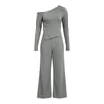 thumbnail image 3 of Fall Two Piece Sets For Women One Shoulder Tops Long Pants Knit Matching Lounge Set Womens Casual 2 Piece Top and Pants Home Wear Set, 3 of 9