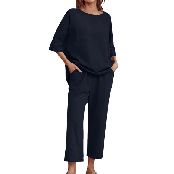 Outfmvch summer linen sets for women Casual Tracksuit Roll Sleeve Women's Lounge Sets Pants and Shirt Set for Women 2 Piece Sleepwear Linen 2 Piece Set for Women Lightweight Lounge Set Black L