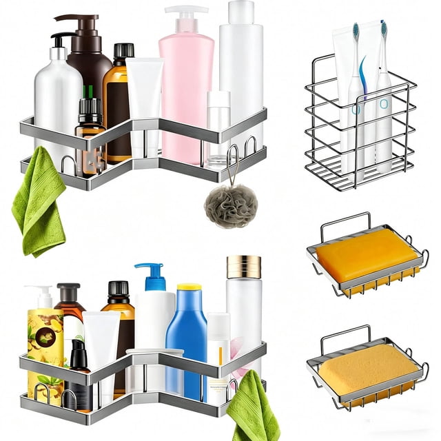 Estantes de Ducha de Baño, Organizador Baño Sin Taladro Organizador Ducha Esquina con Gancho, Estanteria Aluminio Espacial, Repisa Para Pared, Cocina, Hotel, Inodoro