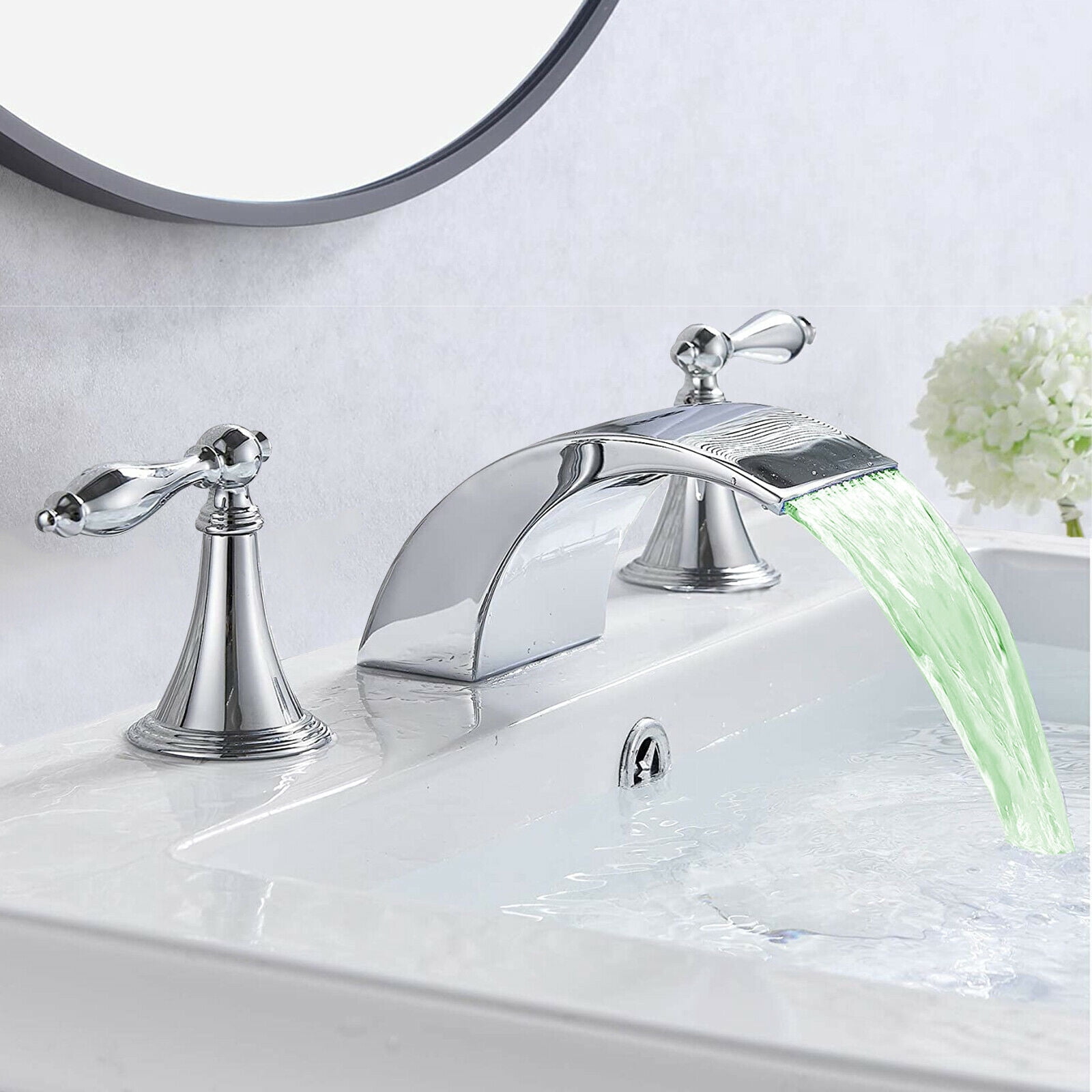 Senlesen Chrome LED Waterfall Basin Sink Faucet 8'' Widespread Mixer Tap
